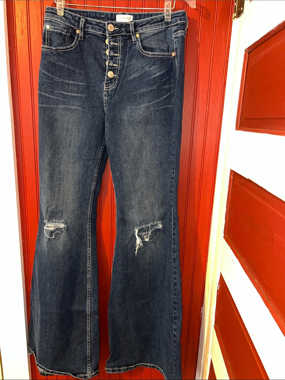 Shyanne Dark Blue Flare Jeans with Button-Fly 30x36